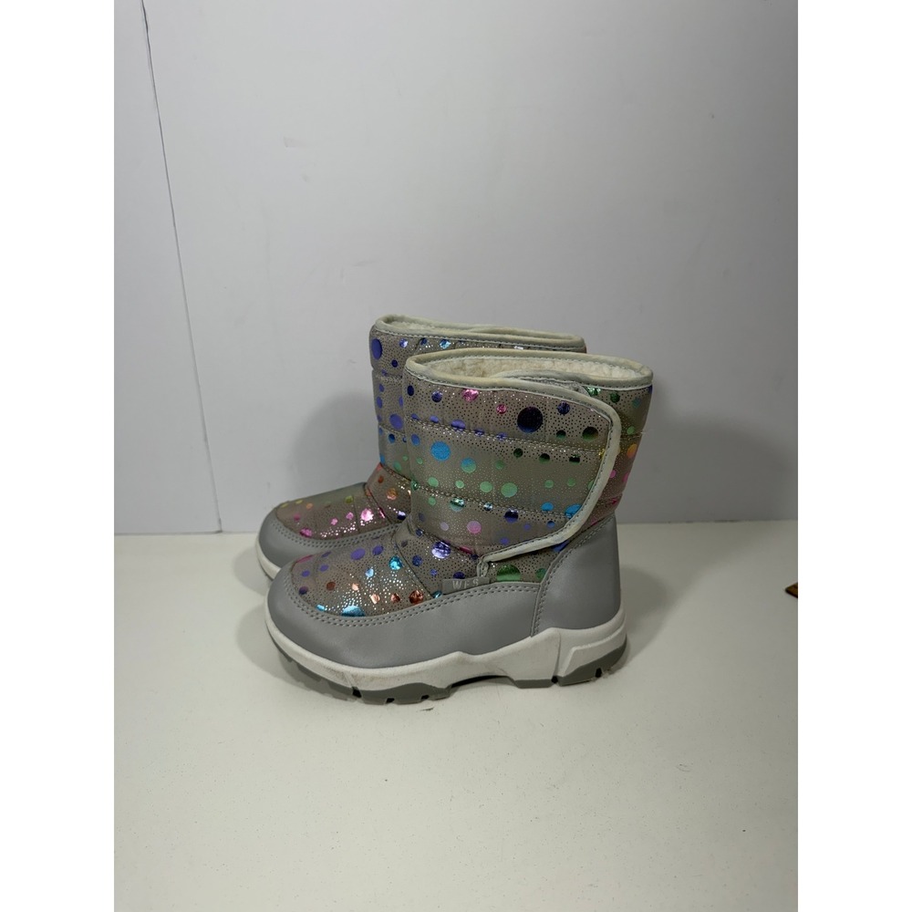 WFS Girls Gray Snow Boots Rainbow Iridescent Polka Dot Faux Fur Lined boot